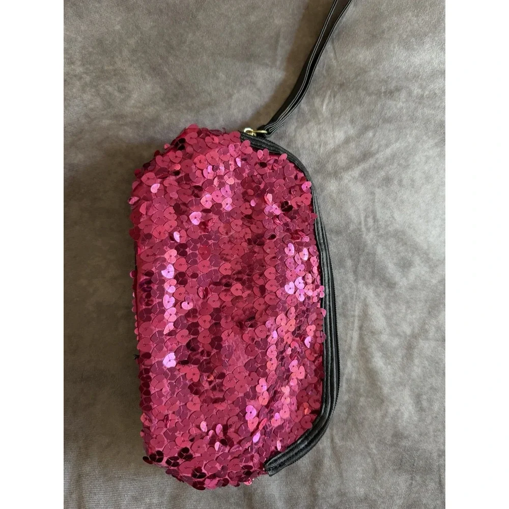 Lipsticker Pink & Black Sequin Zipper Makeup Bag with Wrist Strap